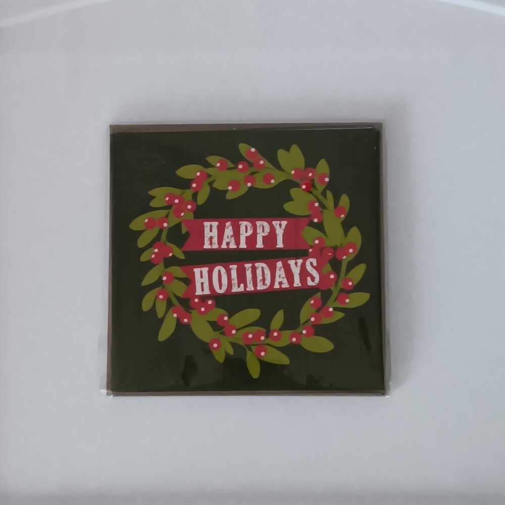 Happy Holidays Cozy Lodge Notecard Set of 6 with Envelopes Square Wreath Green